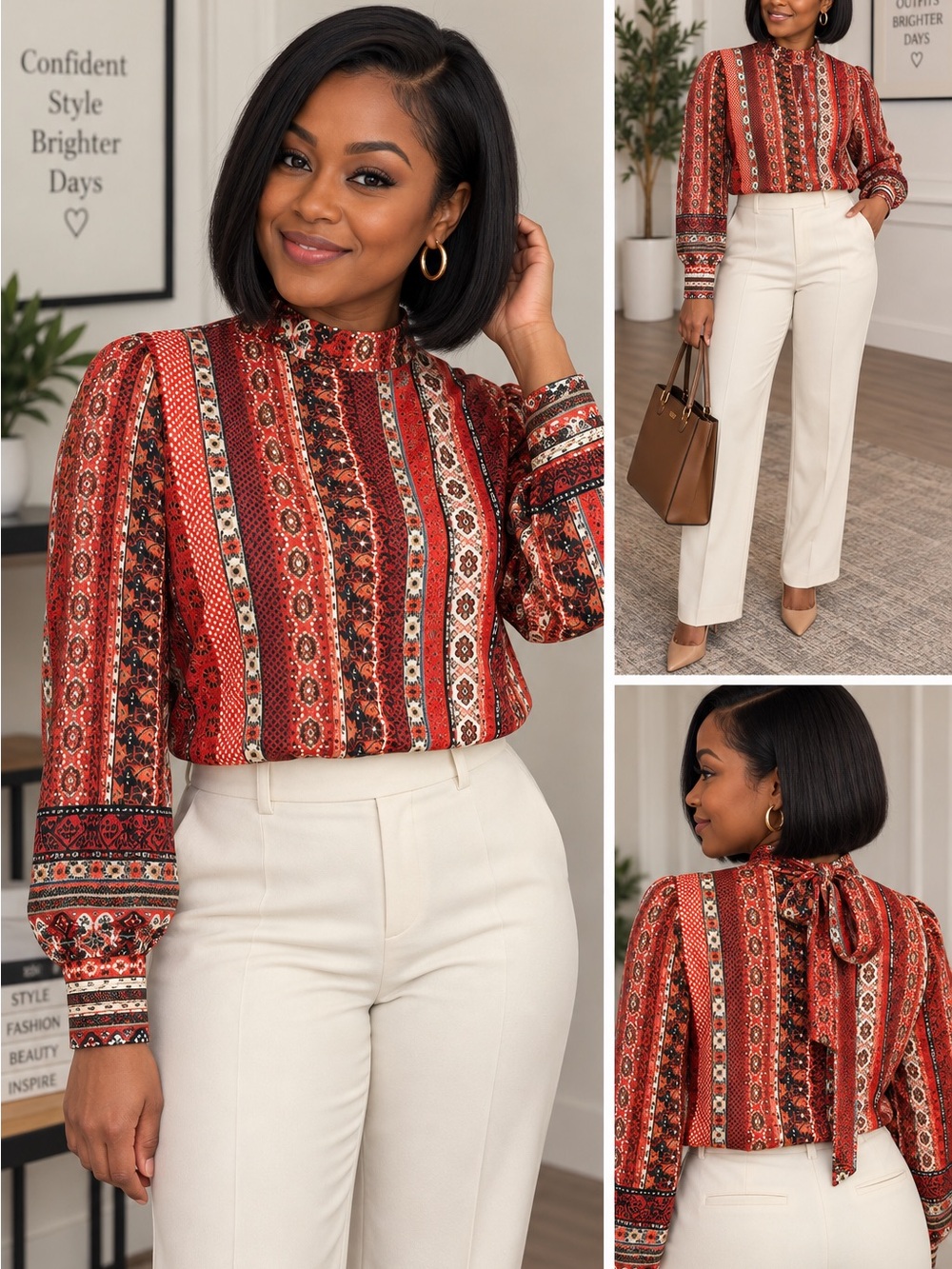 LOFT New With Tags Oversized Blouse Red Boho Print High Neck Tie Back Small